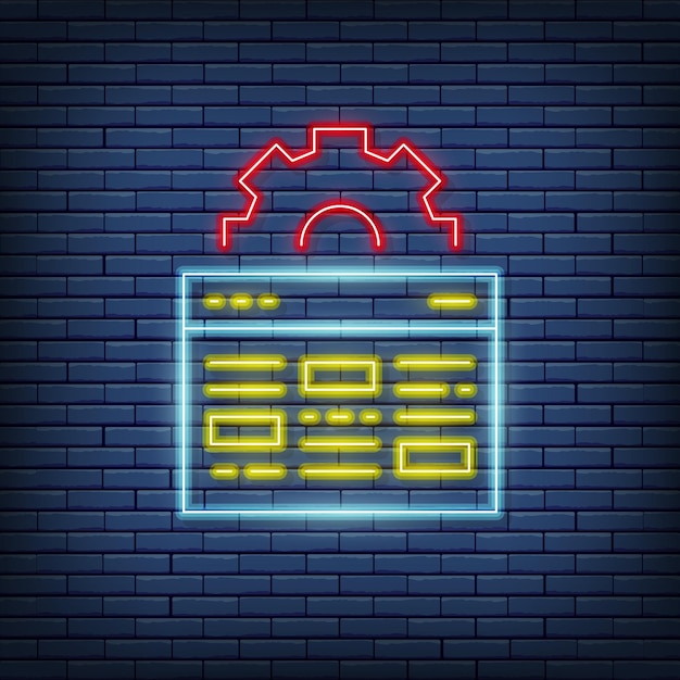 Vector webpagina met gear browser reparatie website optimalisatie neon teken