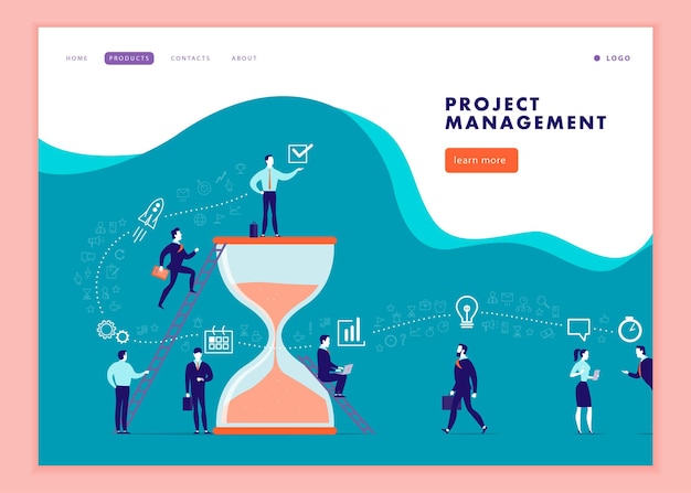 Vector webpaginasjabloon voor zakelijke communicatie, workflow, online consulting, timemanagement, teamwerk. ontwerp van bestemmingspagina's. kantoormensen werken samen. banner, mobiele app illustratie concept.