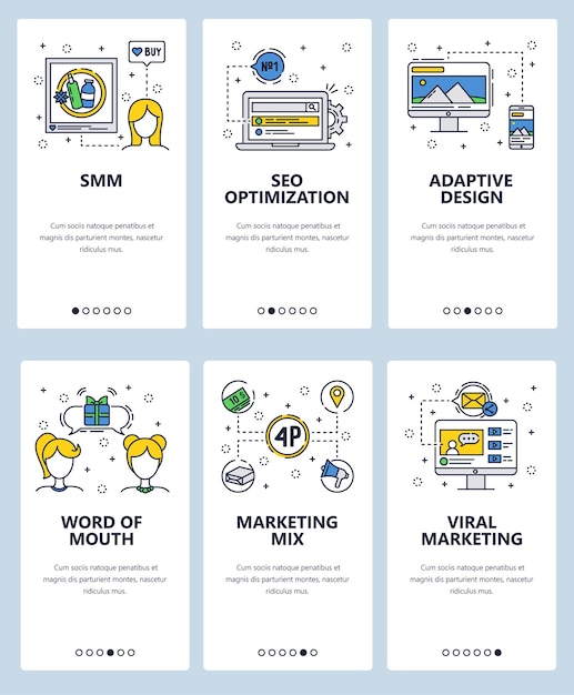 Vector website lineaire kunst onboarding screens sjabloon Online marketing mix Menu banners voor website en mobiele app ontwikkeling Moderne ontwerp platte illustratie