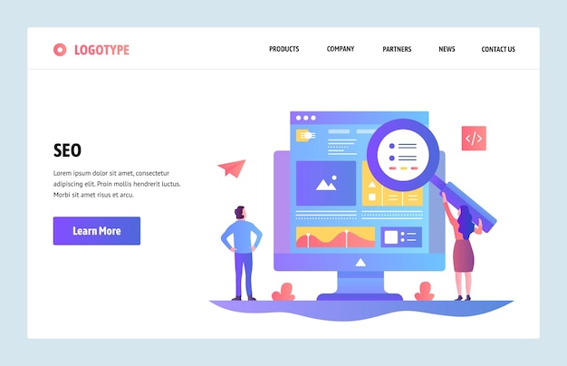 Vector website linear art design template SEO zoekmachines optimalisatie en content marketing Landing page concepten voor website en mobiele ontwikkeling Moderne platte illustratie
