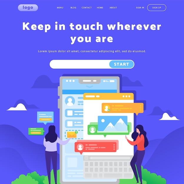 Vector website ontwerp sjabloon Sociale media en online messaging applicatie mensen chat Landing page concepten voor website mobiele ontwikkeling Moderne platte illustratie