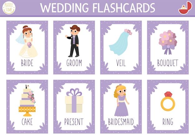 Set di carte di nozze vettoriali gioco di lingua inglese con sposa e sposo per bambini schede di cerimonia di matrimonio con torta con anello di damigella d'onore semplice foglio di lavoro didattico stampabileetxa