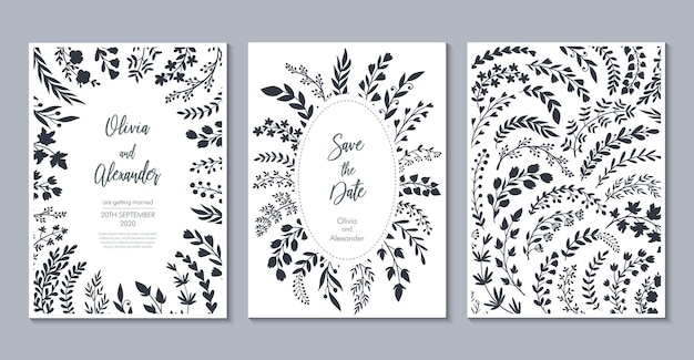 Vector wedding collection Templates for invitation save the date card Beautiful hand drawn floral ornaments bouquets and wreathes in sketch style