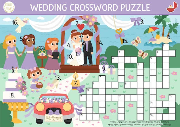 Vector vector wedding crossword puzzle for kids simple quiz with marriage ceremony landscape for children educational activity with bride groom guests cake cute cross word with matrimony holiday scenexa