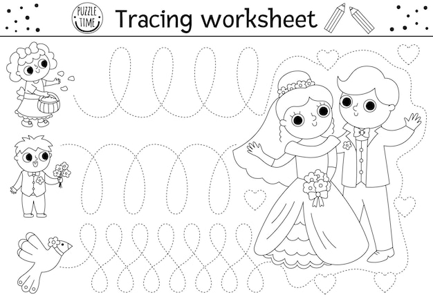 Vector wedding handwriting practice worksheet Marriage ceremony printable black and white activity for preschool kids Tracing game for writing skills Coloring page with bride groom and guestsxA