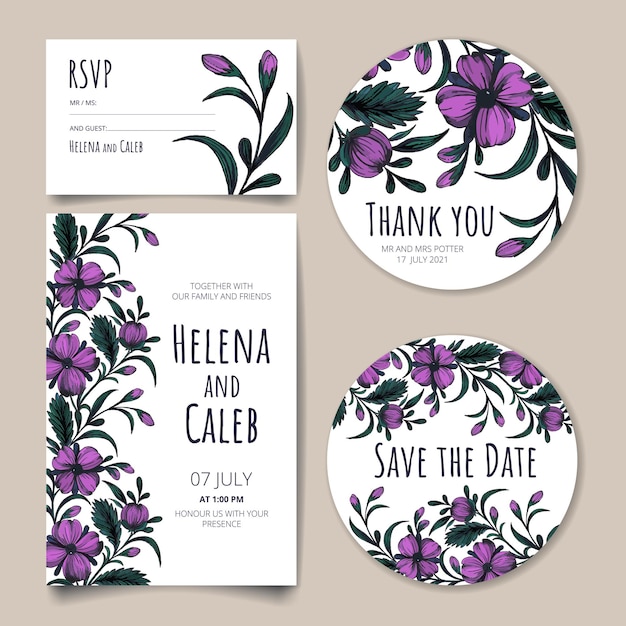 Vector wedding invitation card, save the date with golden frame, flowers, leaves and branches.