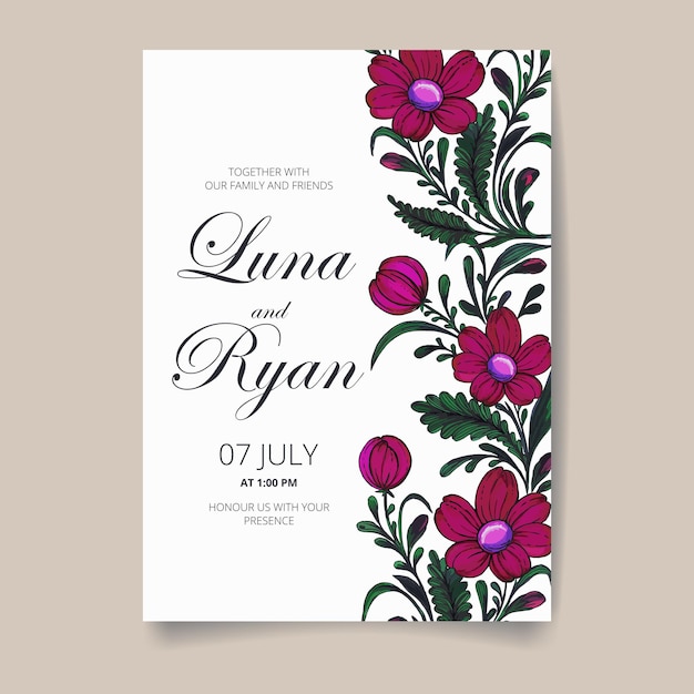 Vector wedding invitation card, save the date with golden frame, flowers, leaves and branches.