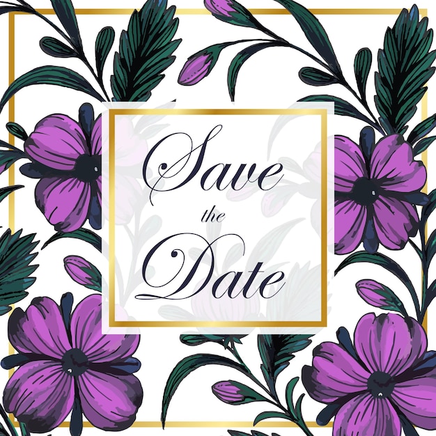 結婚式の招待状をベクトルし、金色の枠、花、葉、枝で日付を保存します。