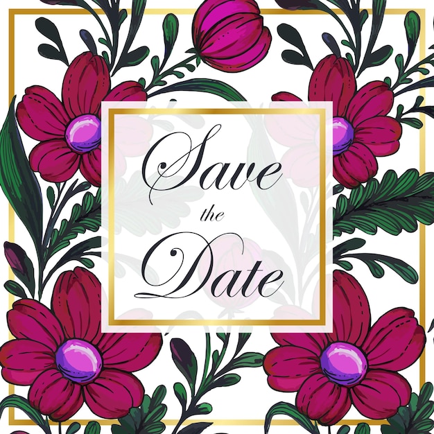Carta di invito matrimonio vettoriale, salva la data con cornice dorata, fiori, foglie e rami.
