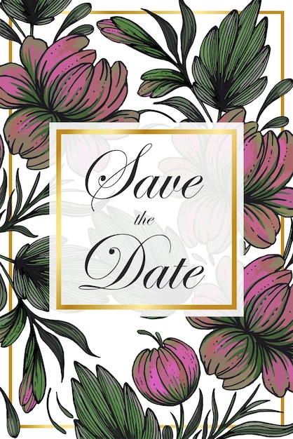 Векторный свадебный пригласительный билет, сохраните дату с золотой рамкой, цветами, листьями и ветвями.