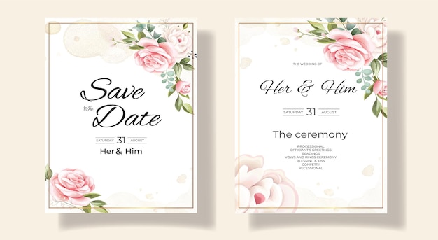 花と葉の水彩画を持つベクトル結婚式招待状カード セット テンプレート