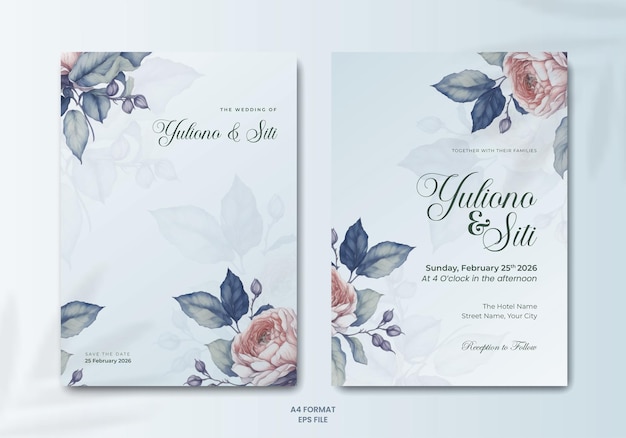 A vector wedding invitation template with flowers and green leaves