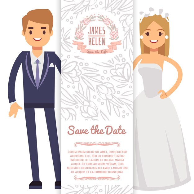 Vector vector wedding invitation with characters. wedding card celebration, marriage invitation illustration