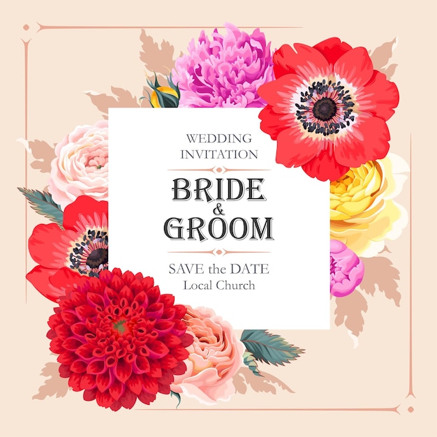 Vector wedding invitation with garden flowers