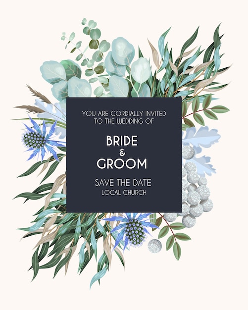 Vector wedding invitation with high detailed greenery and whistle