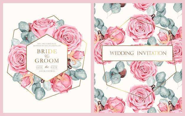 Vector wedding invitation with vintage pink roses