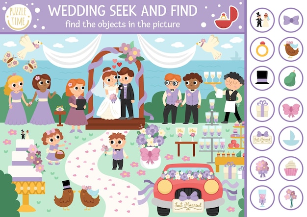 Vector wedding searching game with marriage ceremony scene spot hidden objects in the picture simple seek and find educational printable activity for kids with cute bride groom guestsxa