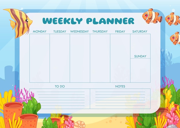 Vector weekly planner template Seabed landscape with fishes note board todo list