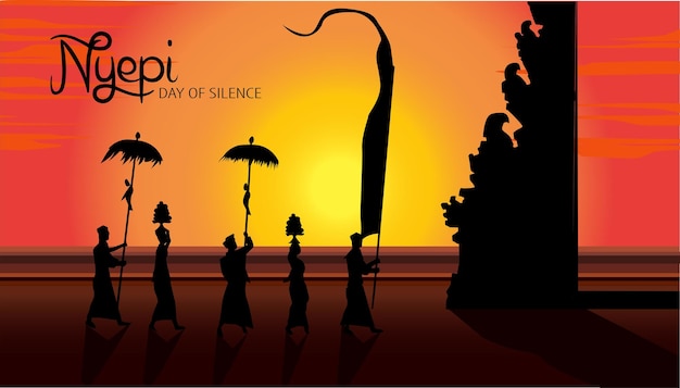 vector weergave zonsondergang zonsopkomst silhouet balinese mensen ceremonie samen wandelen op het strand nyepi