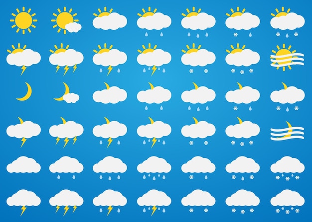 Vector weerpictogrammen instellen Zon wolken regen sneeuw mist donder regenval en sneeuwval pictogrammen