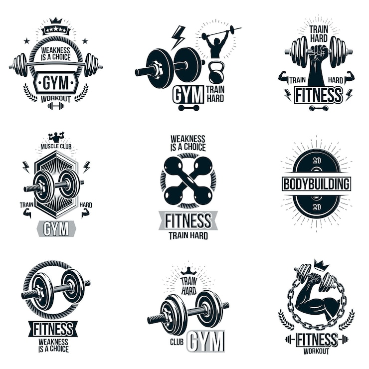 Vector vector weightlifting theme logotypes and inspirational leaflets collection made using dumbbells, barbells, disc weights sport equipment and strong man perfect body.