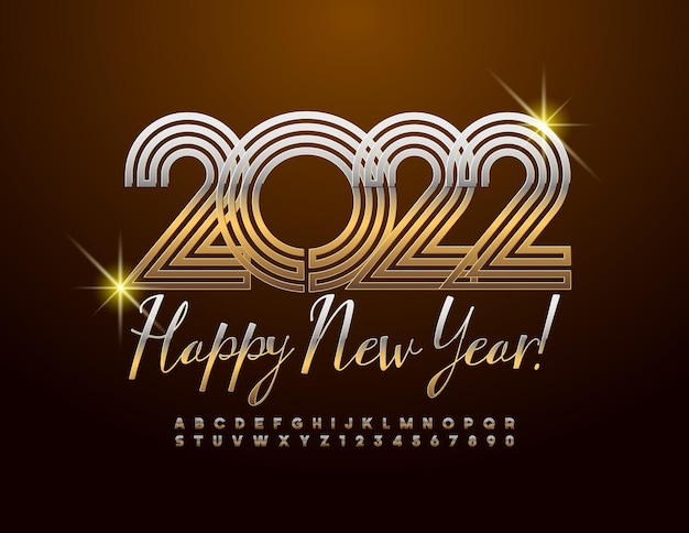 Vector wenskaart happy new year 2022 artistieke doolhof lettertype gouden alfabetletters en cijfers set