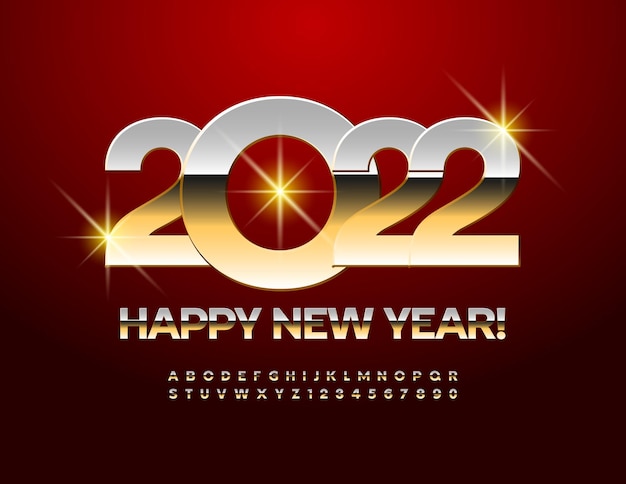 Vector wenskaart happy new year 2022 metallic gold lettertype chique alfabetletters en cijfers set