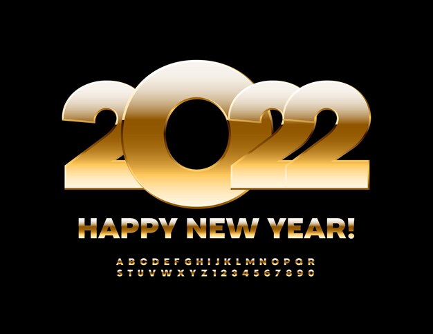 Vector wenskaart Happy New Year 2022 Vet elite lettertype gouden Alfabetletters en cijfers set