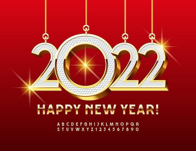 Vector wenskaart Happy New Year met kerst speelgoed 2022 gouden Alfabetletters en cijfers set