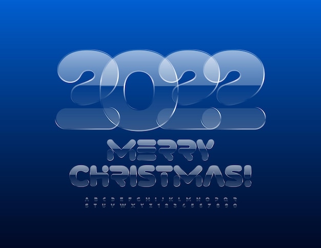 Vector wenskaart Merry Christmas 2022 Kristalglas Lettertype Iced Alfabetletters en cijfers