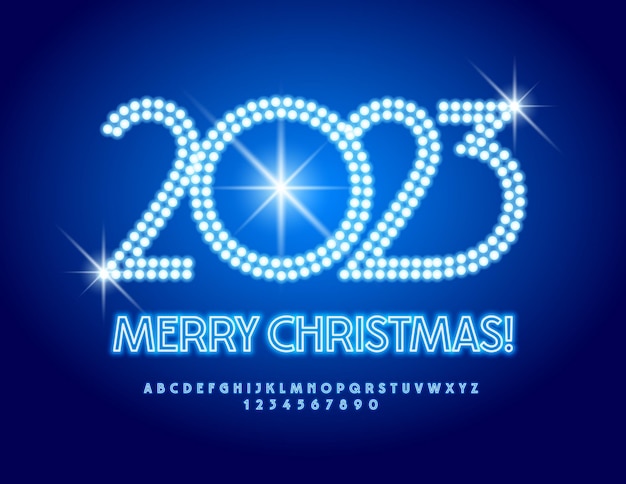 Vector wenskaart Vrolijk kerstfeest 2023! Blauwe neon lettertype. Gloeiende Alfabetletters en cijfers set