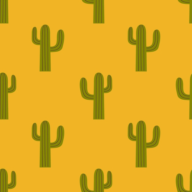 Vector western seamless pattern green cacti on yellow background wild west pattern with cactus desert plant