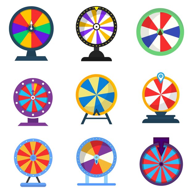 Ruote colorate piatte della collezione vector wheel of fortune isolate su bianco