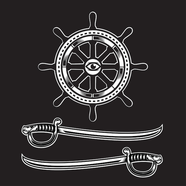 Vector vector of wheel of pirates and two swords