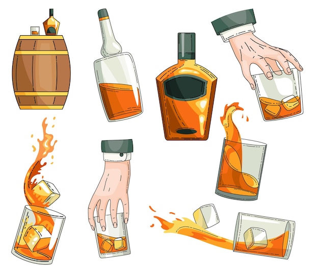 Vector whisky symbolen set Glazen fles man hand met glas whisky met ijsblokjes houten alcohol vat icoon collectie Alcohol product reclame ontwerp