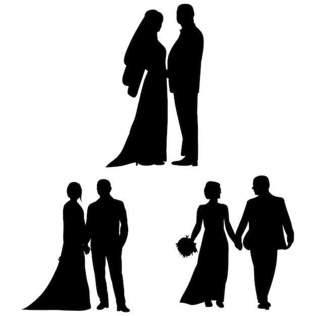 花嫁と花婿のセットの白い背景の黒いシルエットのベクトル
