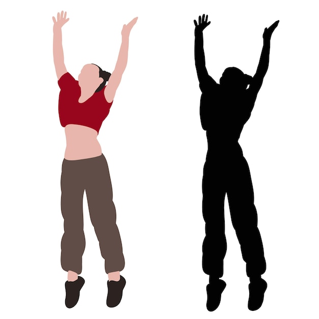 Vector white background black silhouette of a girl jumping