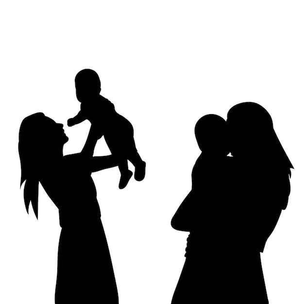 Vector on a white background black silhouette portrait of a mother and baby