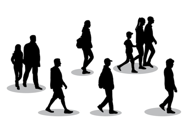 歩く人々の白い背景の黒いシルエットのベクトル