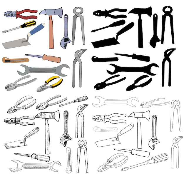 Vector on a white background construction tool set of sketches and silhouettes