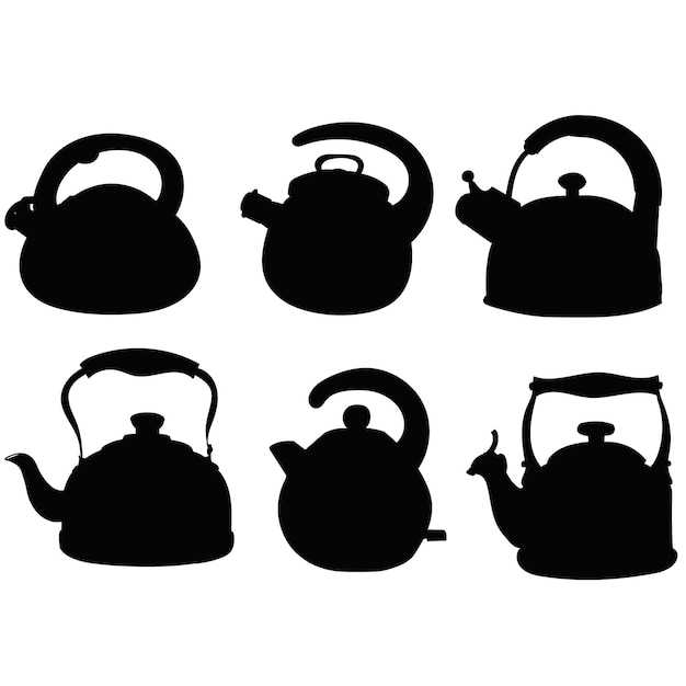 Vector on white background sketch black silhouette teapot with handle set