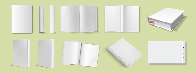 Vector white book mockup set cover spread spine realistisch blank boek in hardcover in verschillende hoeken vector illustratie