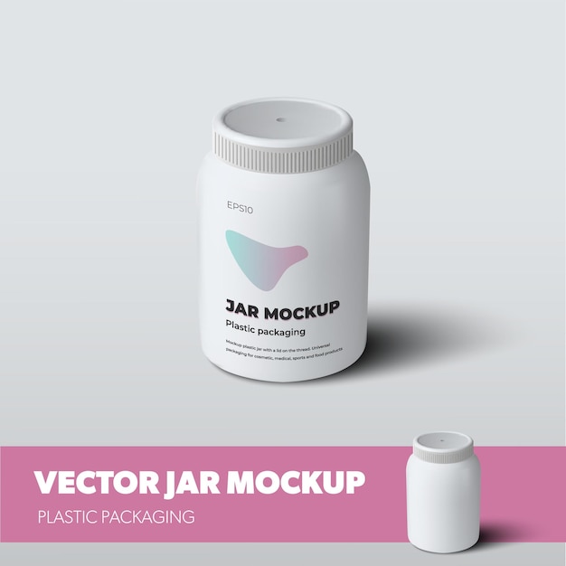 Vector white bottle template with realistic shadows, with design presentation in pink, for pharmacy advertising. mockup of plastic packaging for pills with screw cap isolated on background