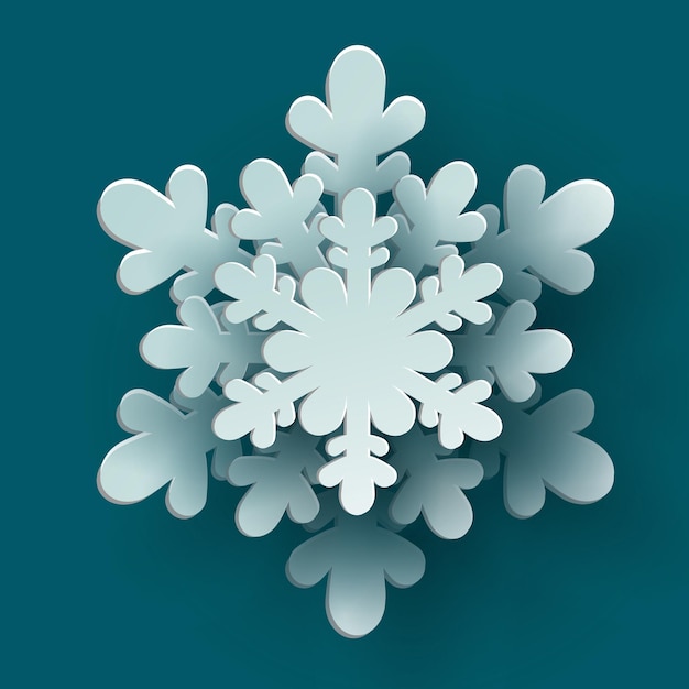 Vector carta natale bianca tagliata fiocco di neve 3d con ombra su sfondo colorato verde acqua design invernale