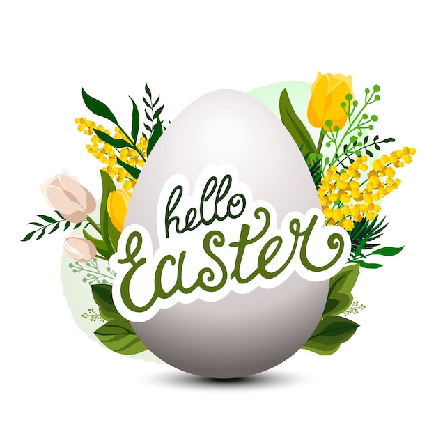 Vector white egg with text Hello Easter and with green leaves and mimosa Spring clipart for design