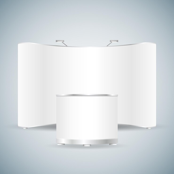 Vector vector white exhibition trade show pos pow booth mock up blank brand press wall banner with counter retail stand realistic illustration with shadow template design isolated on light background