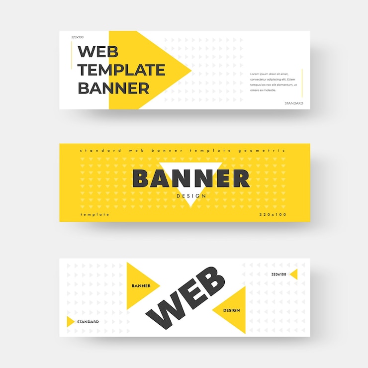 Vector white horizontal web banner with yellow triangle. Layout with abstract pattern. Rectangular design template with black text for advertising.
