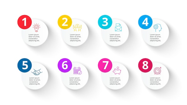 Vector white and multicolored circles for infographic with 8 options.