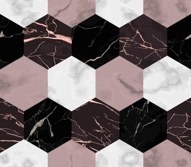 벡터 흰색 분홍색과 검은색 육각형 대리석 원활한 패턴 반복 마블링 표면