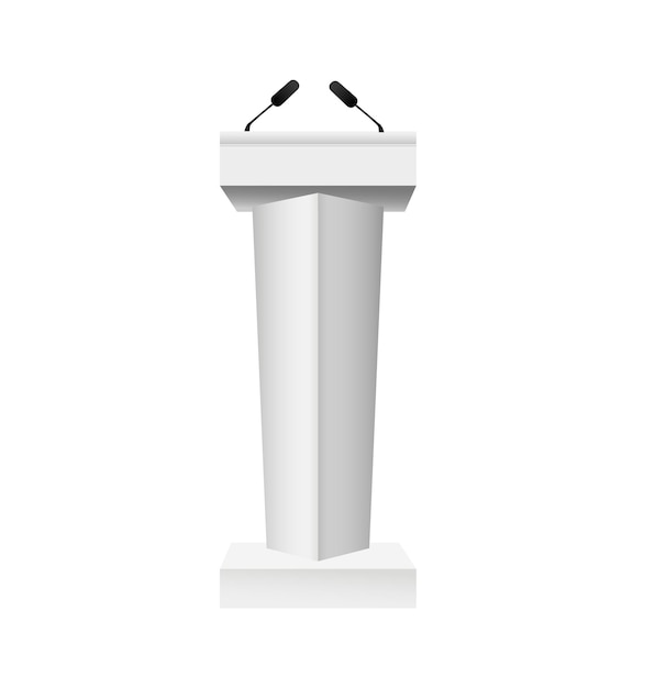 Supporto per rostro della tribuna del podio bianco di vettore con i microfoni isolati. illustrazione vettoriale eps10